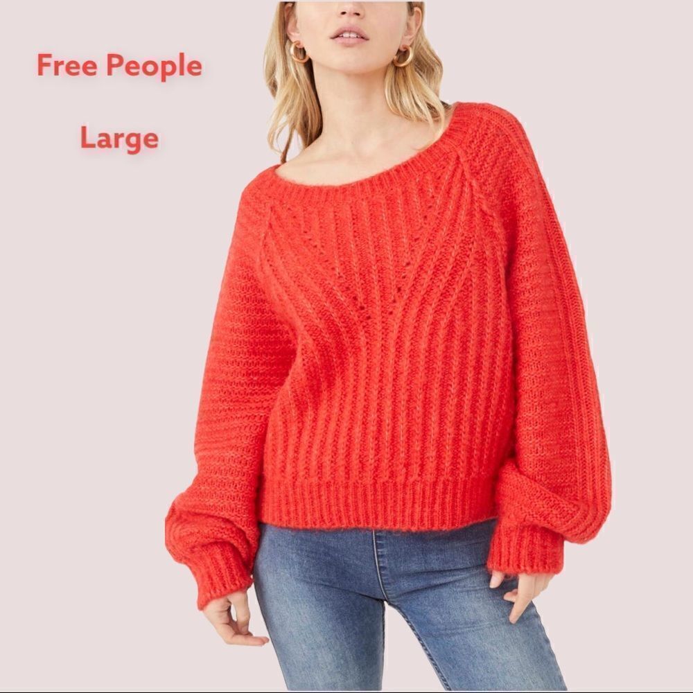 NWT FREE PEOPLE fuzzy textured pullover red L